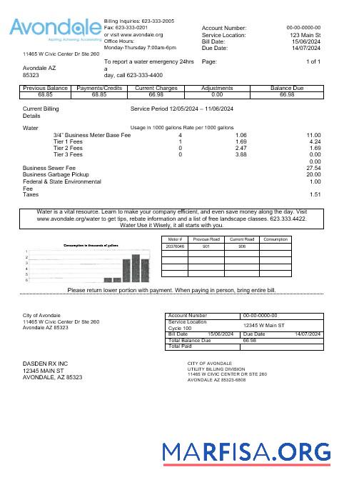 Downloadable USA Arizona The City of Avondale Water business utility bill template in Word and PDF formats